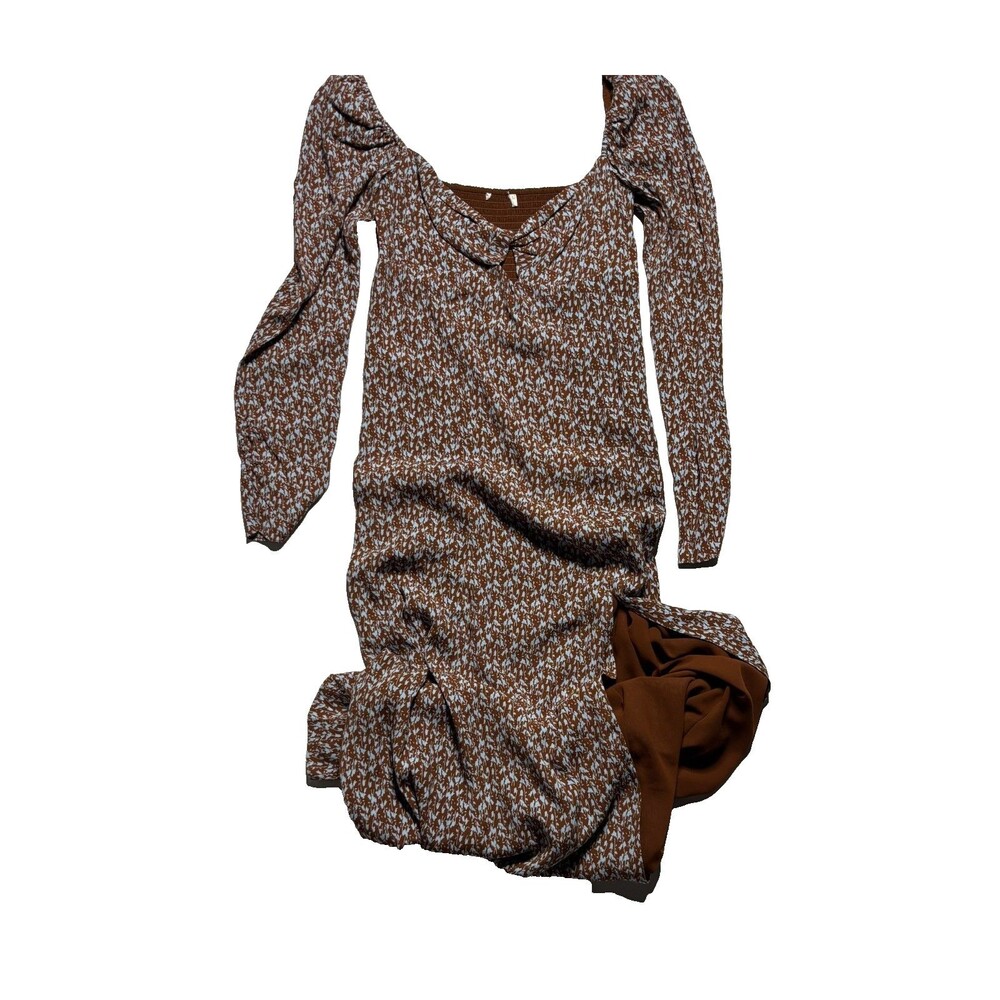 Rare Brown Maxi Floral Dress Size Small with front slit and long sleeves- Proto